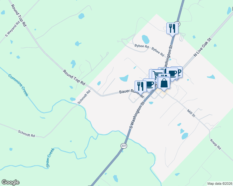 map of restaurants, bars, coffee shops, grocery stores, and more near 525 Bauer Rummel in Round Top