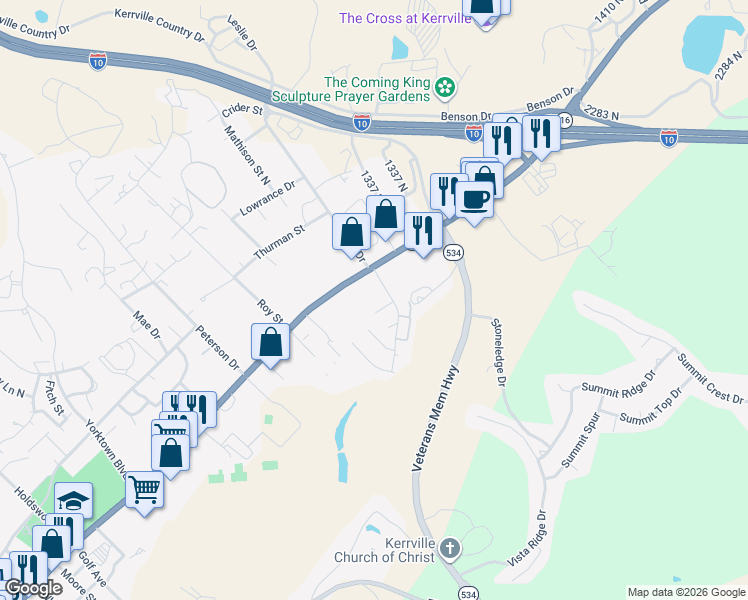 map of restaurants, bars, coffee shops, grocery stores, and more near 725 Leslie Drive in Kerrville