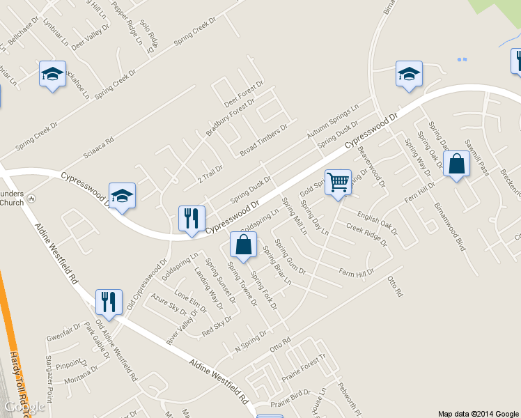 map of restaurants, bars, coffee shops, grocery stores, and more near 26631 Cypresswood Dr in Spring