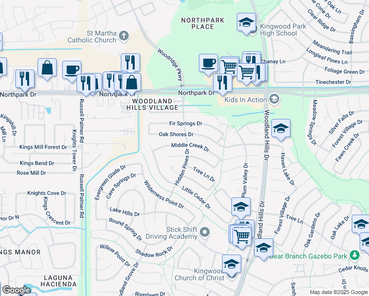 map of restaurants, bars, coffee shops, grocery stores, and more near 2050 Middle Creek Drive in Humble