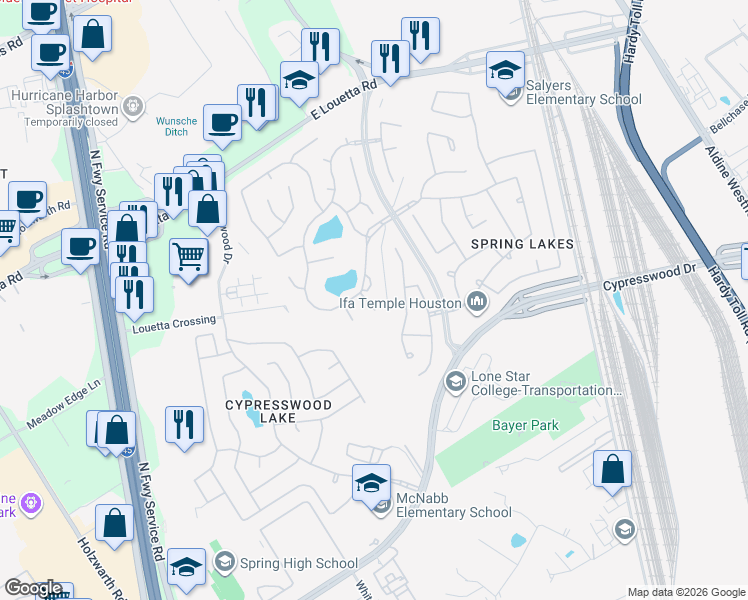 map of restaurants, bars, coffee shops, grocery stores, and more near 25510 Cedar Springs Place in Spring