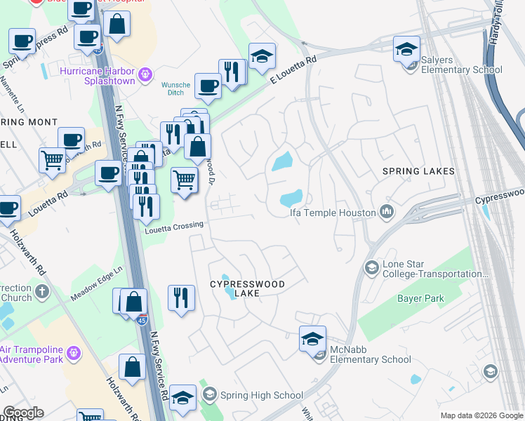 map of restaurants, bars, coffee shops, grocery stores, and more near 402 Spring Lakes Haven in Spring