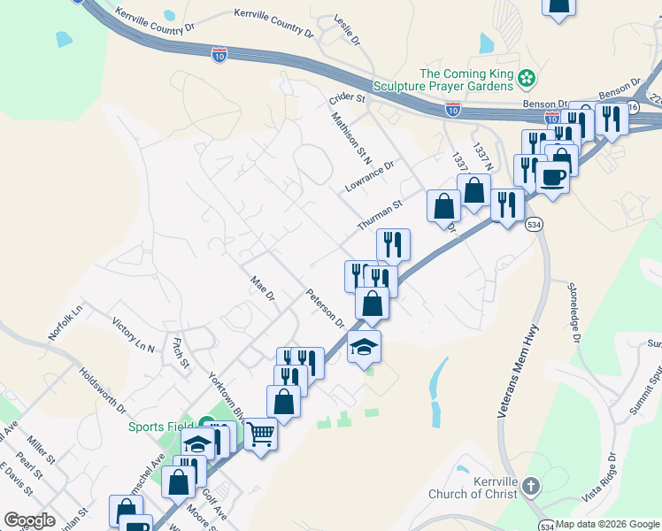 map of restaurants, bars, coffee shops, grocery stores, and more near 421 Roy Street in Kerrville
