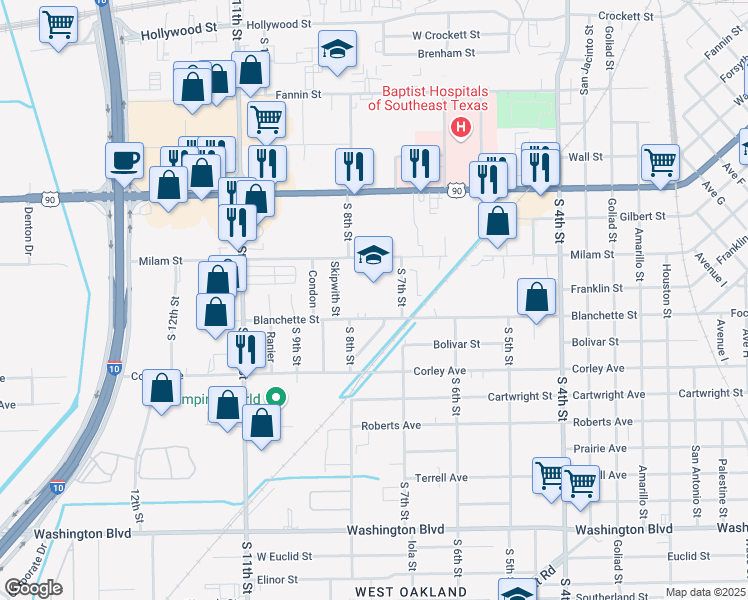 map of restaurants, bars, coffee shops, grocery stores, and more near 3350 Blanchette Street in Beaumont