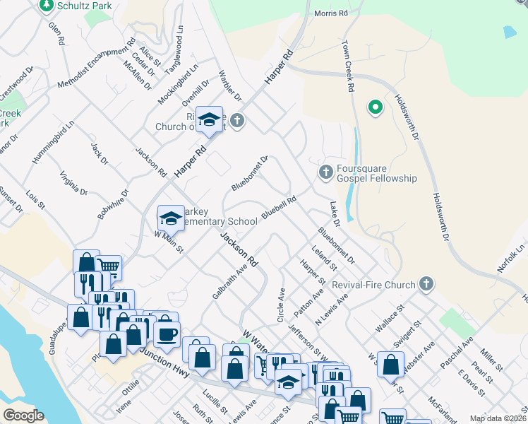 map of restaurants, bars, coffee shops, grocery stores, and more near 802 Bluebell Road in Kerrville