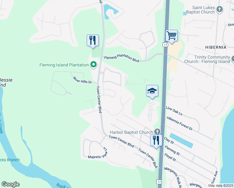 map of restaurants, bars, coffee shops, grocery stores, and more near 1850 Green Springs Circle in Fleming Island