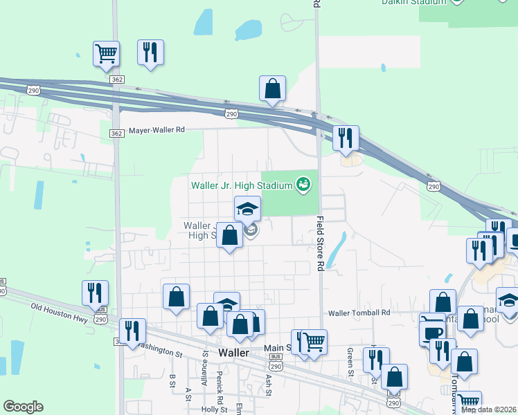 map of restaurants, bars, coffee shops, grocery stores, and more near 2011 Farr Street in Waller
