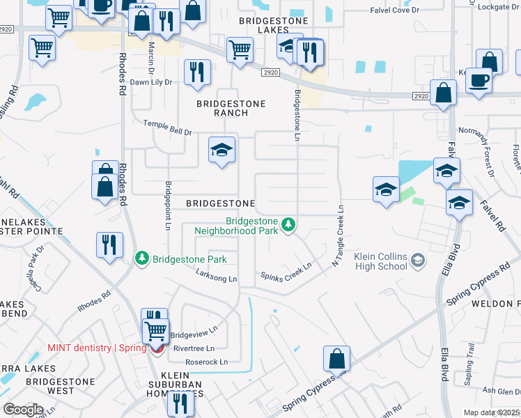 map of restaurants, bars, coffee shops, grocery stores, and more near 21502 Slippery Creek Lane in Spring