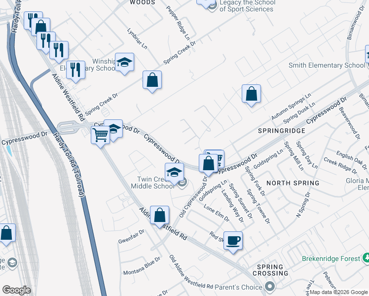 map of restaurants, bars, coffee shops, grocery stores, and more near 2102 Long Trail Path Court in Spring