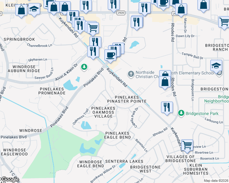 map of restaurants, bars, coffee shops, grocery stores, and more near 20310 Cembra Walk in Spring