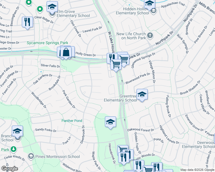 map of restaurants, bars, coffee shops, grocery stores, and more near 4031 Buckeye Creek Road in Humble