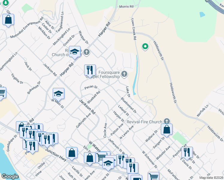 map of restaurants, bars, coffee shops, grocery stores, and more near 807 Bluebonnet Dr in Kerrville