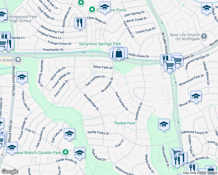 map of restaurants, bars, coffee shops, grocery stores, and more near 2902 Park Garden Drive in Houston