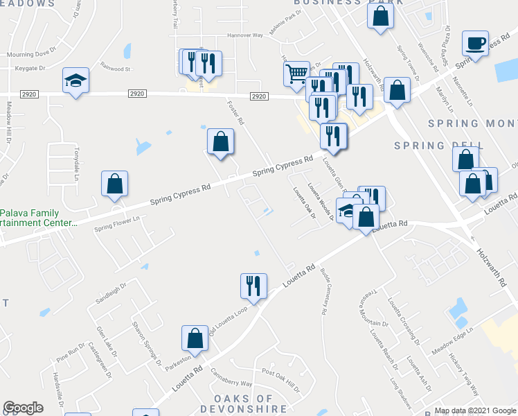 map of restaurants, bars, coffee shops, grocery stores, and more near 2539 Spring Cypress Road in Spring