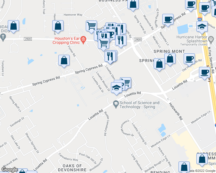 map of restaurants, bars, coffee shops, grocery stores, and more near 2019 Louetta Woods Court in Spring