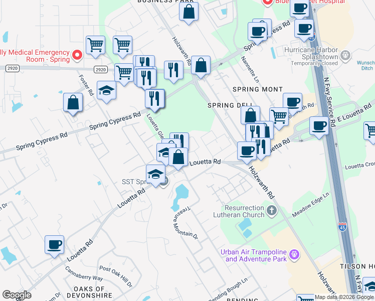 map of restaurants, bars, coffee shops, grocery stores, and more near 20602 Alfonso Court in Spring