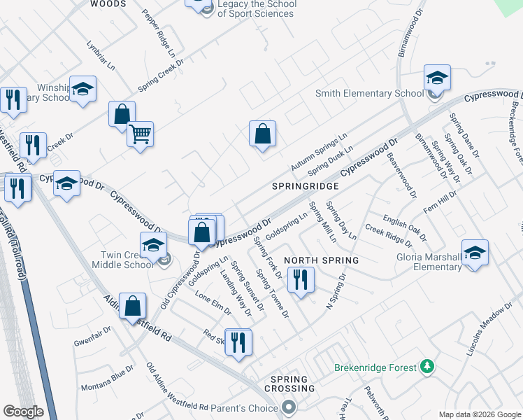 map of restaurants, bars, coffee shops, grocery stores, and more near 2330 Spring Dusk Drive in Spring