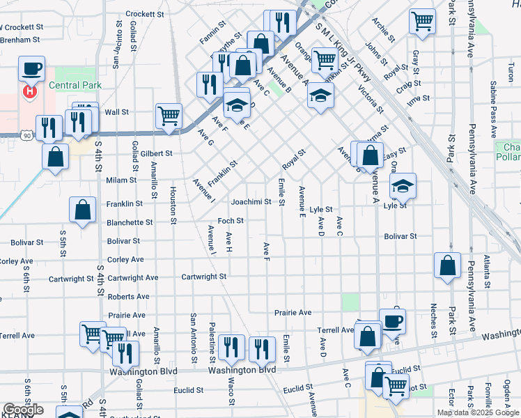 map of restaurants, bars, coffee shops, grocery stores, and more near 1560 Avenue F in Beaumont