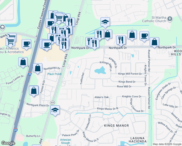 map of restaurants, bars, coffee shops, grocery stores, and more near 21297 South Kings Mill Lane in Montgomery County