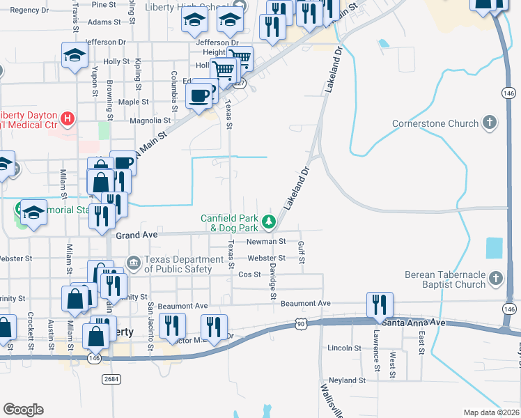 map of restaurants, bars, coffee shops, grocery stores, and more near 834 Sue Street in Liberty