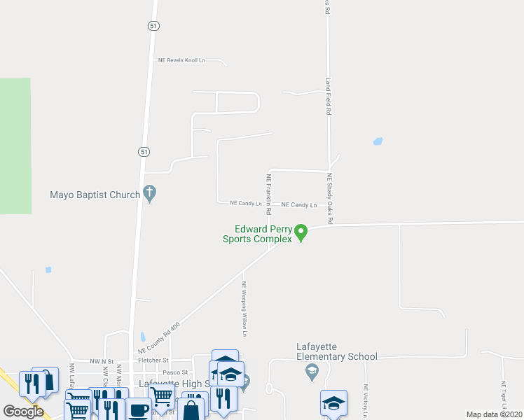 map of restaurants, bars, coffee shops, grocery stores, and more near 349 Northeast Candy Lane in Mayo