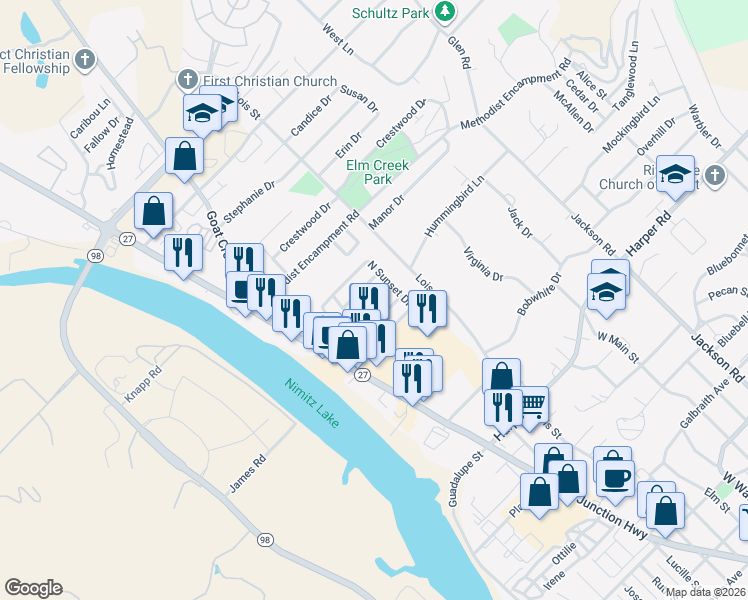 map of restaurants, bars, coffee shops, grocery stores, and more near 39 Tumbleweed Drive in Kerrville