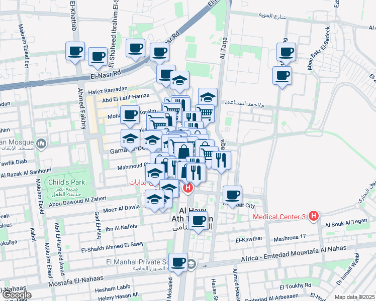 map of restaurants, bars, coffee shops, grocery stores, and more near Hassan Ma'moon in Nasr City