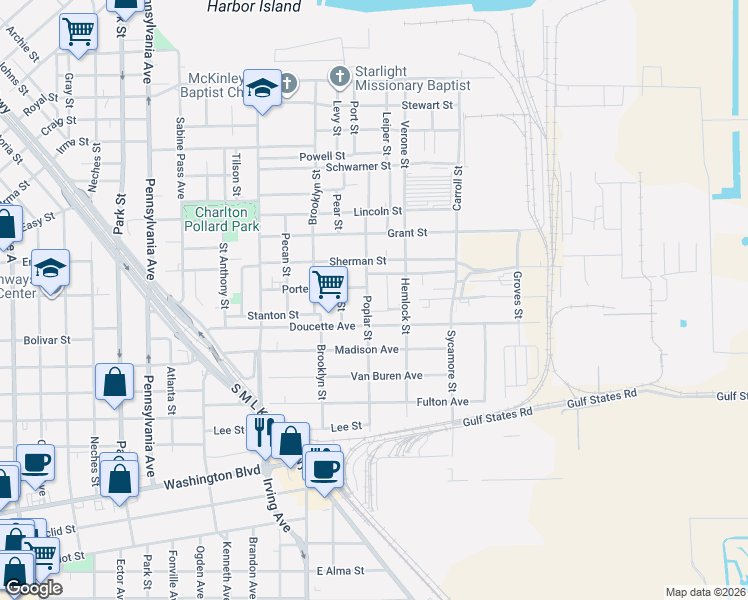 map of restaurants, bars, coffee shops, grocery stores, and more near 2355 Poplar Street in Beaumont