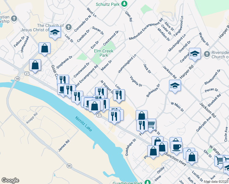 map of restaurants, bars, coffee shops, grocery stores, and more near 3 North Sunset Drive in Kerrville