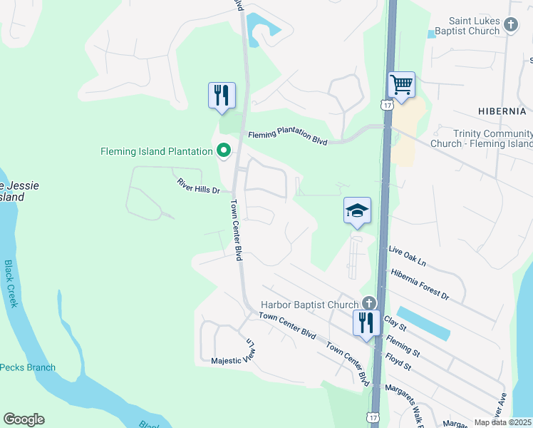 map of restaurants, bars, coffee shops, grocery stores, and more near 1850A Green Springs Circle in Fleming Island