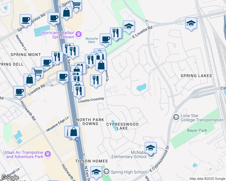 map of restaurants, bars, coffee shops, grocery stores, and more near 20330 Whitewood Drive in Spring