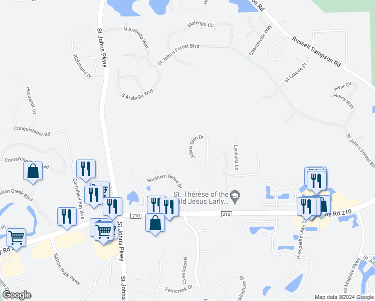 map of restaurants, bars, coffee shops, grocery stores, and more near 225 Johns Glen Drive in Jacksonville
