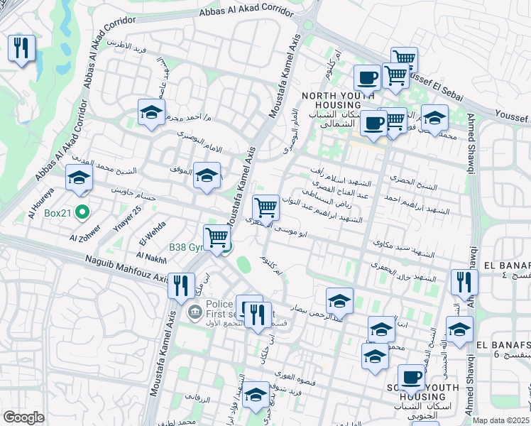 map of restaurants, bars, coffee shops, grocery stores, and more near ابو موسى الاشعري in New Cairo 1