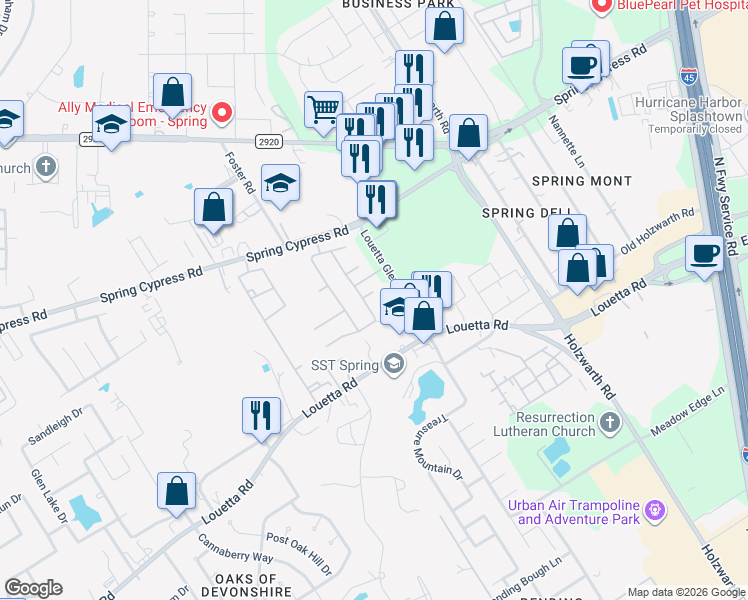 map of restaurants, bars, coffee shops, grocery stores, and more near 2019 Louetta Brook Court in Spring