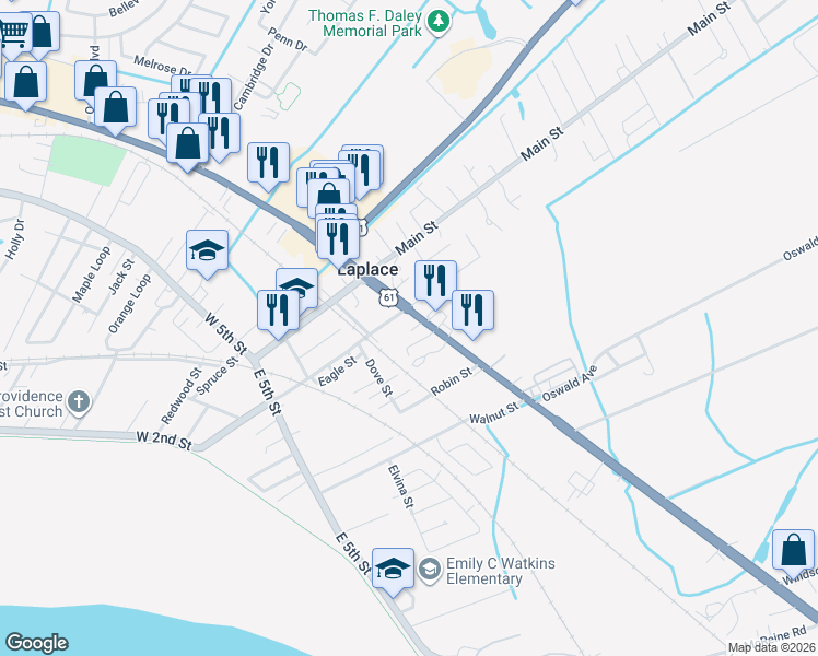 map of restaurants, bars, coffee shops, grocery stores, and more near 210 East Airline Highway in LaPlace