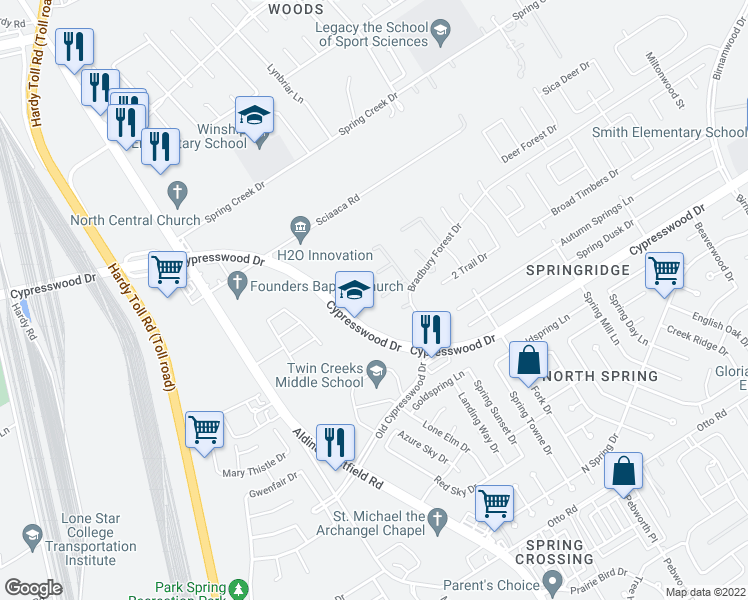 map of restaurants, bars, coffee shops, grocery stores, and more near 2102 Long Trail Path Court in Spring