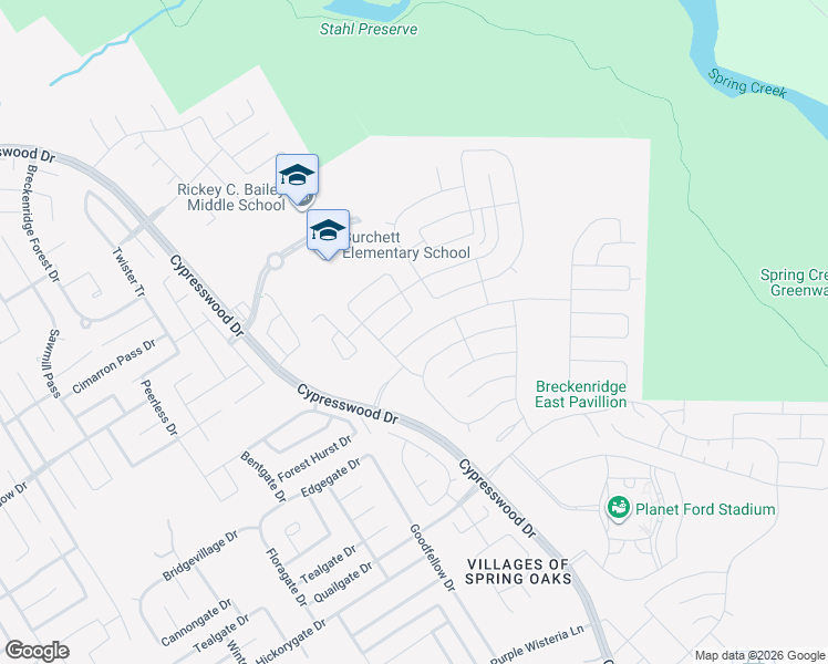 map of restaurants, bars, coffee shops, grocery stores, and more near 23450-23538 Cypresswood Drive in Spring