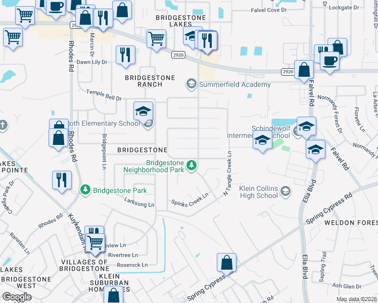 map of restaurants, bars, coffee shops, grocery stores, and more near 4415 Shalom Creek Lane in Spring