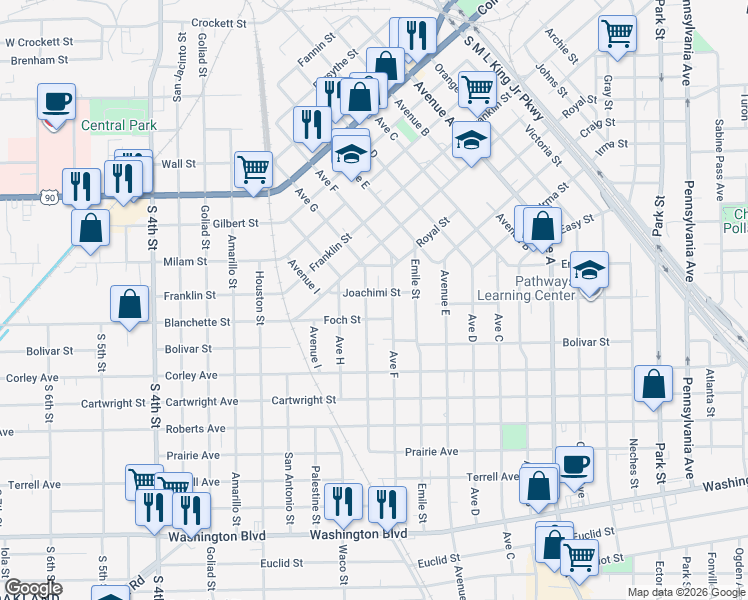 map of restaurants, bars, coffee shops, grocery stores, and more near 1560 Avenue F in Beaumont