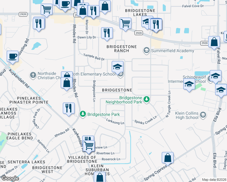 map of restaurants, bars, coffee shops, grocery stores, and more near 4730 Owens Creek Lane in Spring