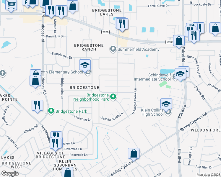 map of restaurants, bars, coffee shops, grocery stores, and more near 4415 Shalom Creek Lane in Spring