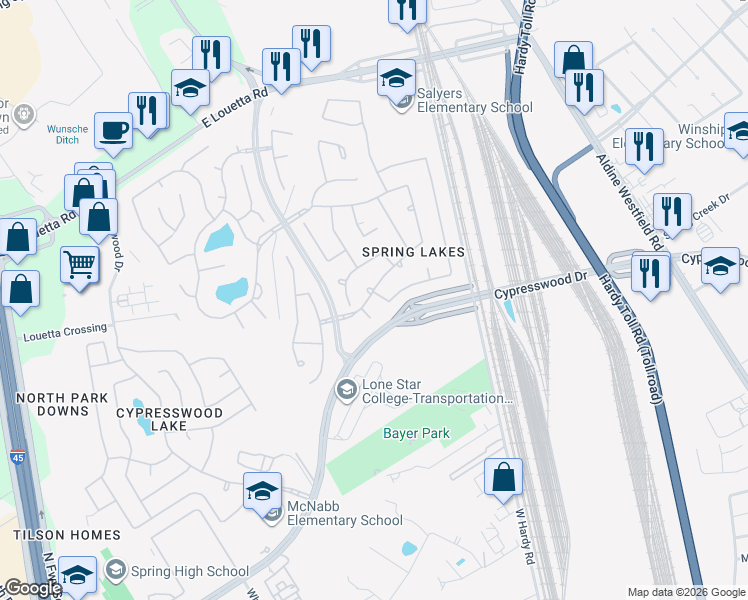 map of restaurants, bars, coffee shops, grocery stores, and more near 25519 Buffalo Springs Court in Spring