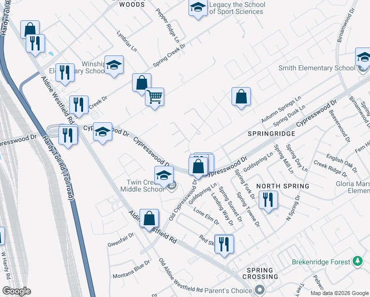 map of restaurants, bars, coffee shops, grocery stores, and more near 2111 Bradbury Path Court in Spring