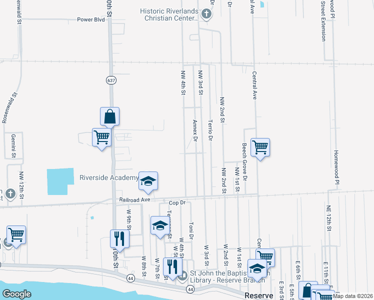 map of restaurants, bars, coffee shops, grocery stores, and more near 200 Northwest 4th Street in Reserve