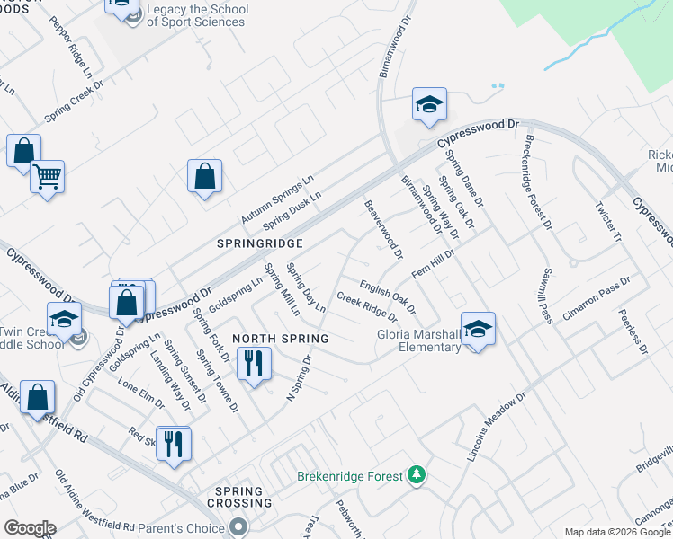 map of restaurants, bars, coffee shops, grocery stores, and more near 2535 North Spring Drive in Spring