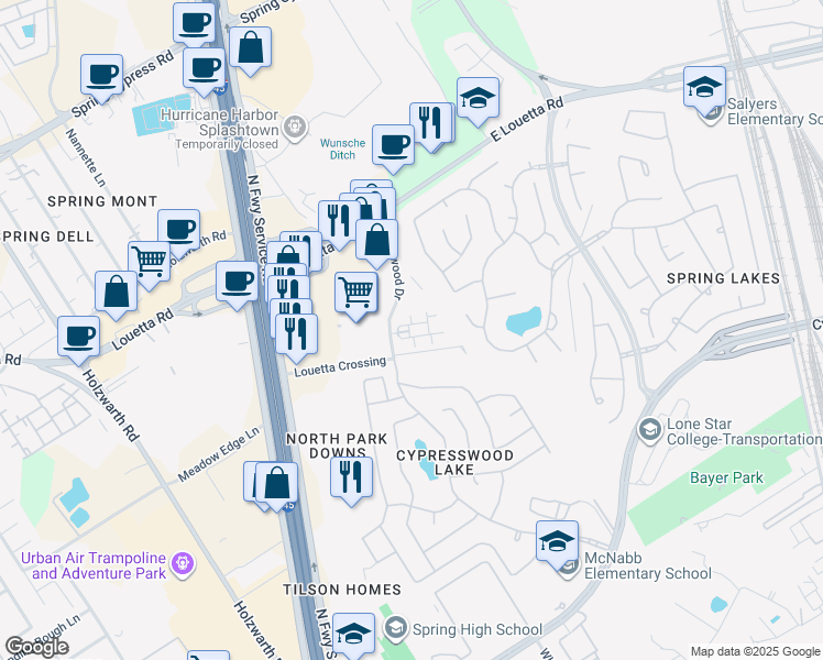 map of restaurants, bars, coffee shops, grocery stores, and more near 20330 Whitewood Drive in Spring