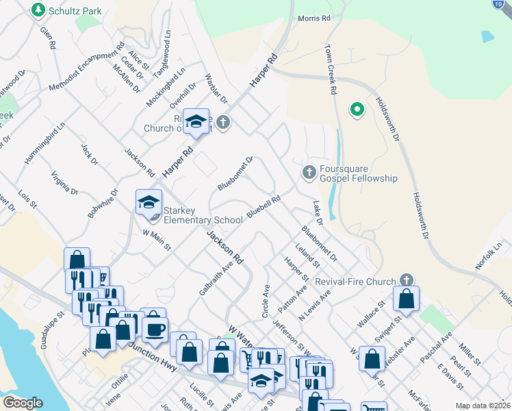 map of restaurants, bars, coffee shops, grocery stores, and more near 802 Bluebell Road in Kerrville