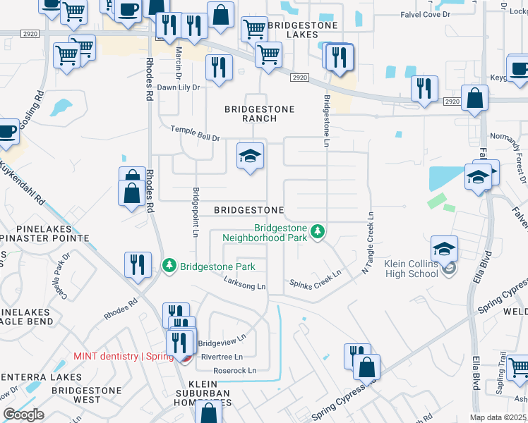 map of restaurants, bars, coffee shops, grocery stores, and more near 4702 Owens Creek Lane in Spring