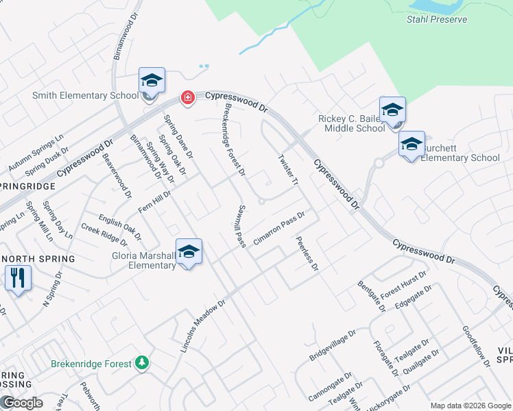 map of restaurants, bars, coffee shops, grocery stores, and more near 3011 Breckenridge Forest Circle in Spring