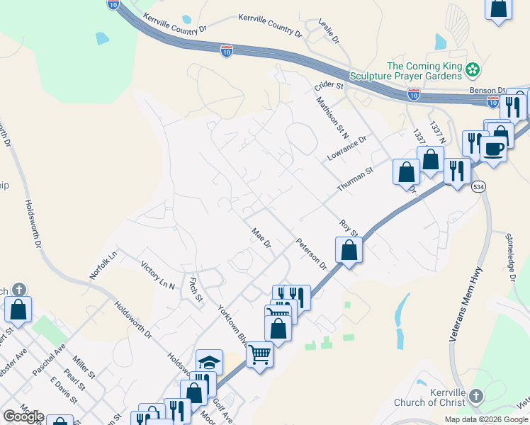 map of restaurants, bars, coffee shops, grocery stores, and more near 1605 Newton Street in Kerrville